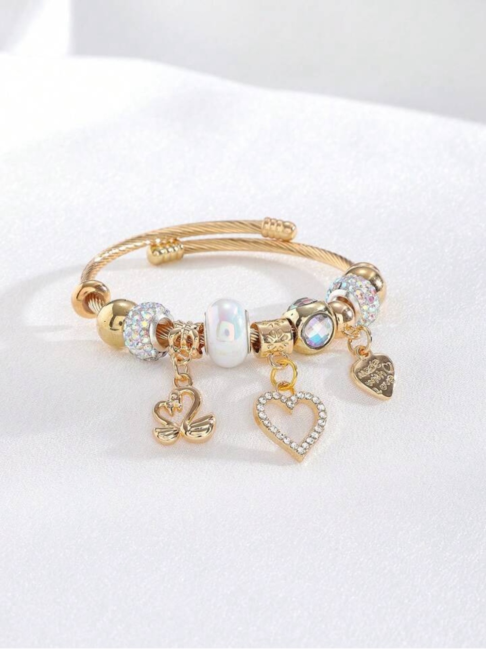 Private Label Gold-Tone Charm Bracelet with White Pearl & Crystal Accents